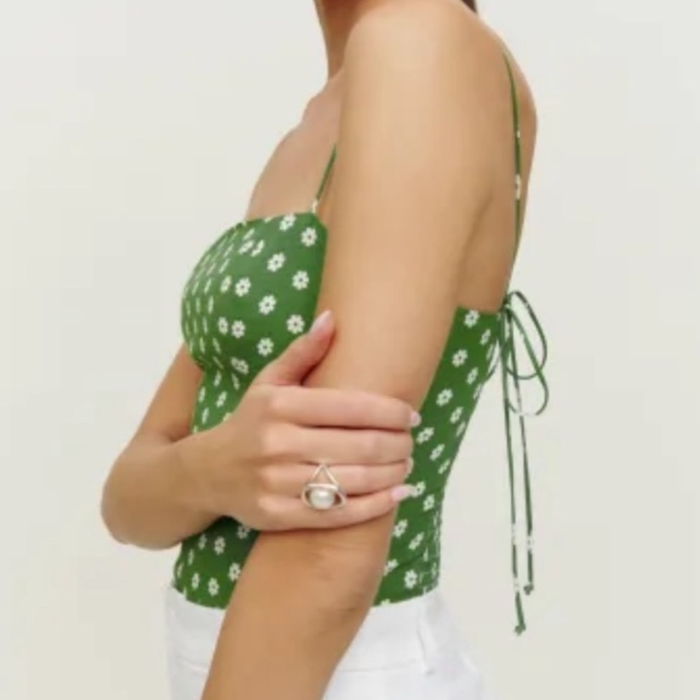 Reformation Green and White Floral Top